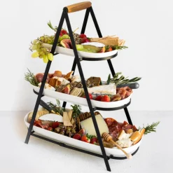 Black 3 Tier Serving Stand with White Platters