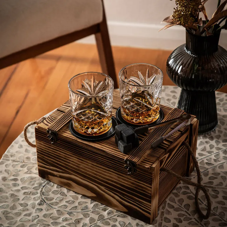 Boxed Whiskey Set - Glasses with Coasters & Ice Stones