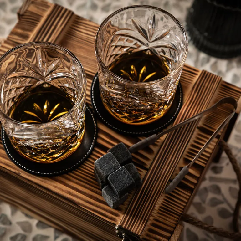 Boxed Whiskey Set - Glasses with Coasters & Ice Stones