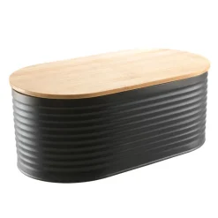 Bread Bin - Black Metal with Bamboo Lid