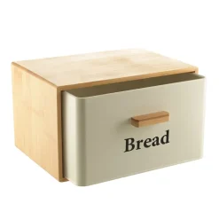 Bread Bin - White Metal with Bamboo Cover