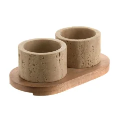 Condiment Set Beige Travertine with Acacia Wood