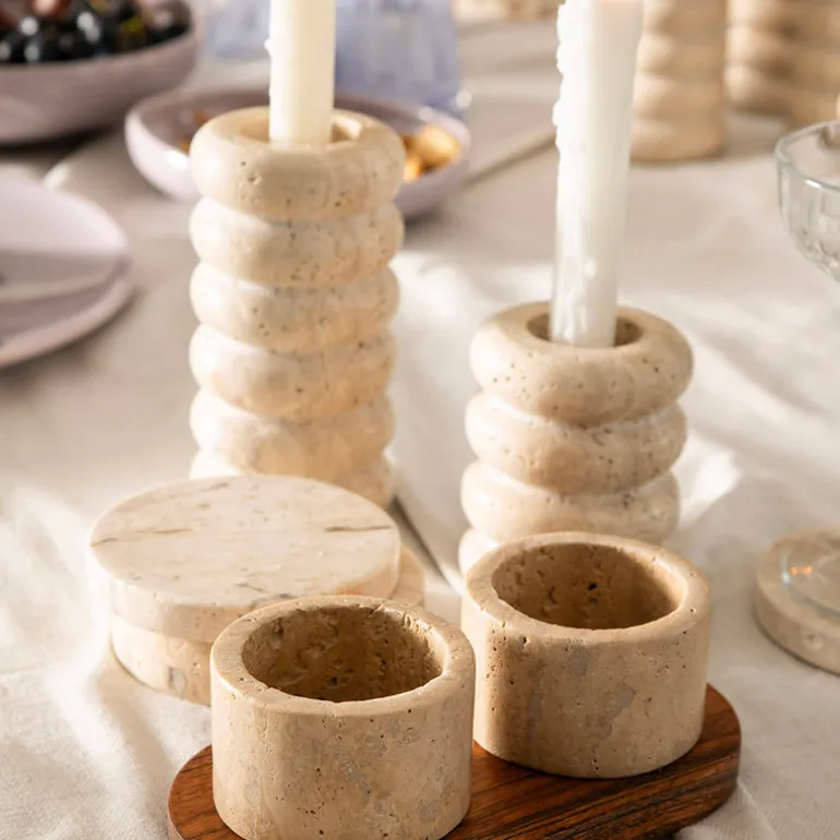 Condiment Set Beige Travertine with Acacia Wood