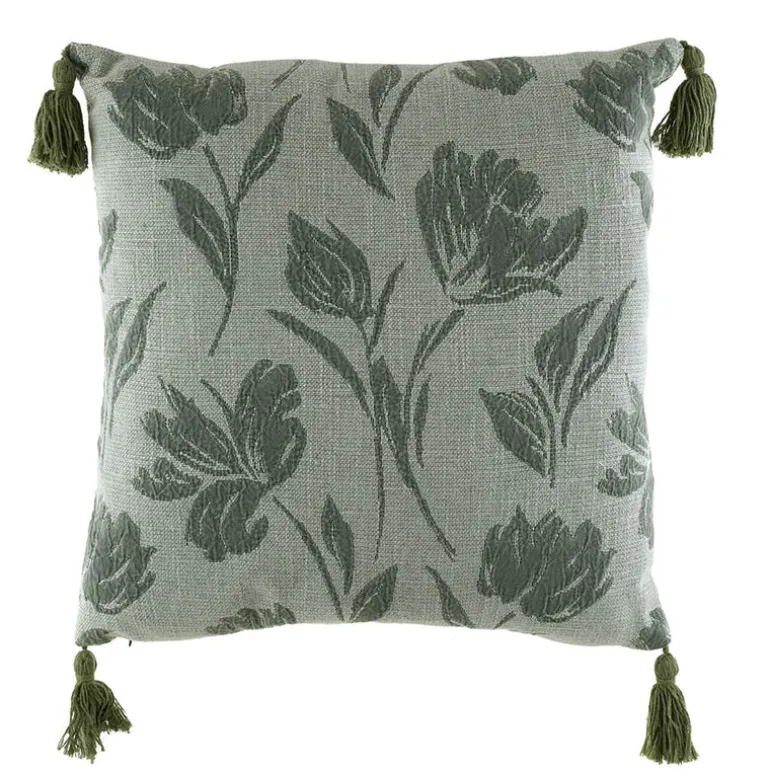 Cushion Jacquard Florals with Green Tassels