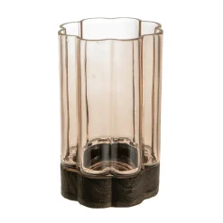 Flower Shaped Hurricane Large – Smoke Glass on Dark Wood Base