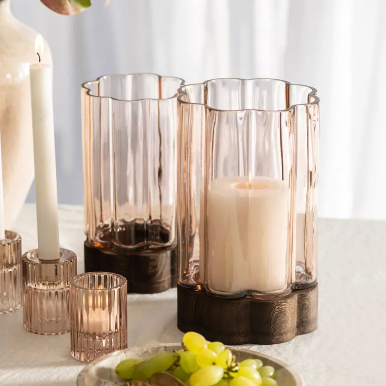 Flower Shaped Hurricane Large – Smoke Glass on Dark Wood Base