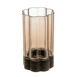 Flower Shaped Hurricane Small – Smoke Glass on Dark Wood Base