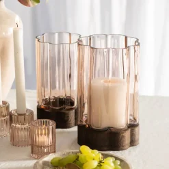 Flower Shaped Hurricane Small – Smoke Glass on Dark Wood Base