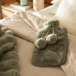 Hot Water Bottle with Faux Rabbit Fur Cover Green Haze