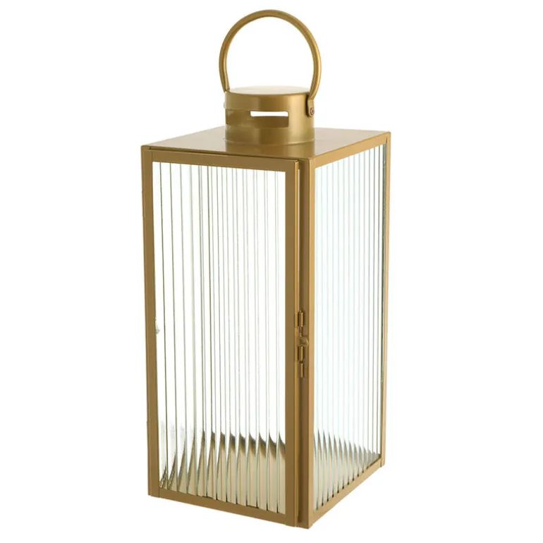 Lantern Rectangle Steel Gold with Ribbed Glass 40cm