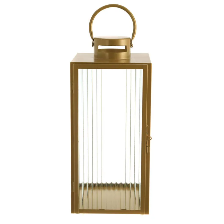 Lantern Rectangle Steel Gold with Ribbed Glass 53cm