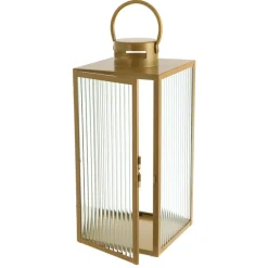 Lantern Rectangle Steel Gold with Ribbed Glass 40cm