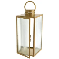 Lantern Rectangle Steel Gold with Ribbed Glass 53cm