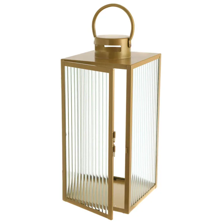 Lantern Rectangle Steel Gold with Ribbed Glass 53cm