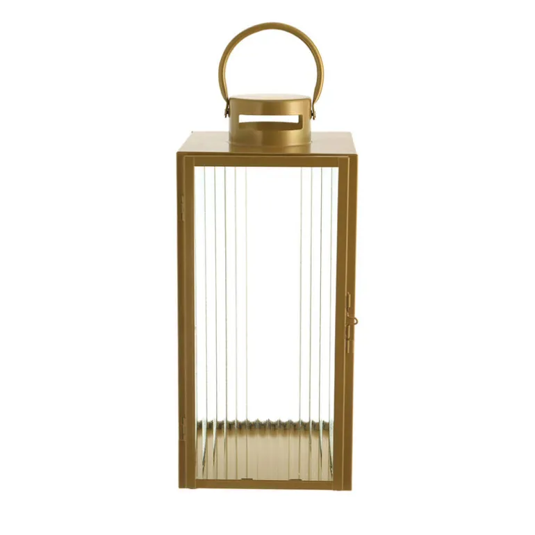 Lantern Rectangle Steel Gold with Ribbed Glass 40cm