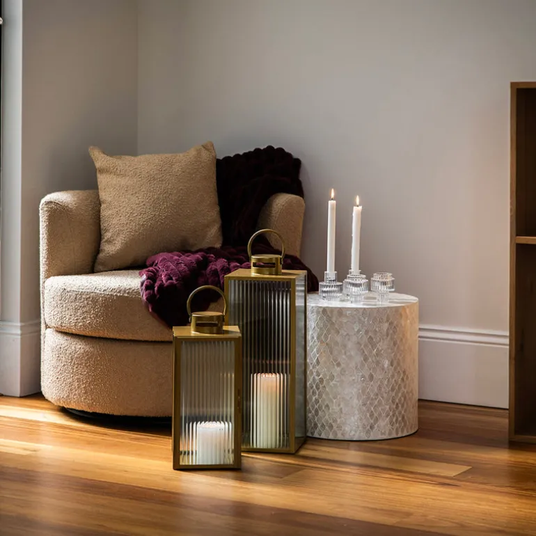 Lantern Rectangle Steel Gold with Ribbed Glass 40cm