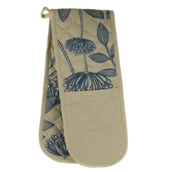 Oven Mitt Double Blue Print Lotus on Natural