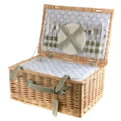 PICNIC BASKET 4p Natural, Light Blue Wash Check Print