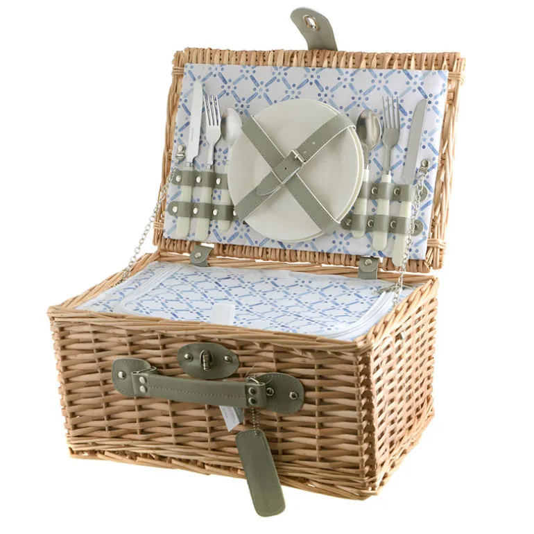 PICNIC BASKET 2p Natural, Light Blue Wash Check Print