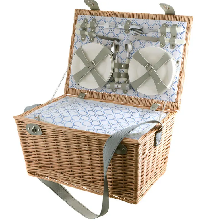 PICNIC BASKET 6p Natural, Light Blue Wash Check Print