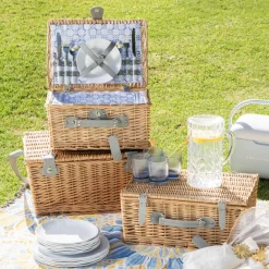 PICNIC BASKET 6p Natural, Light Blue Wash Check Print