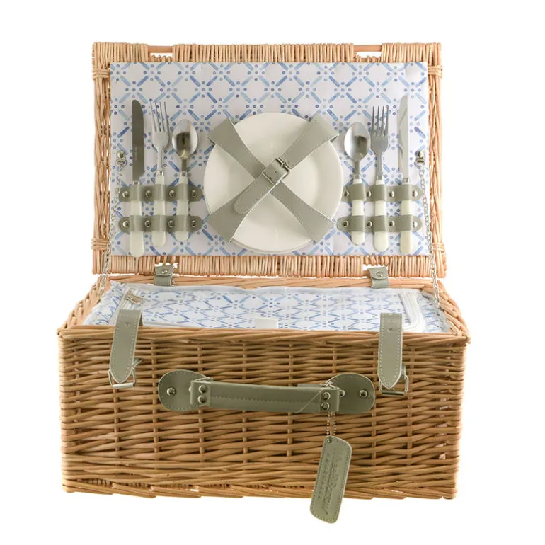 PICNIC BASKET 4p Natural, Light Blue Wash Check Print