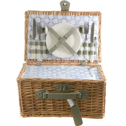PICNIC BASKET 2p Natural, Light Blue Wash Check Print