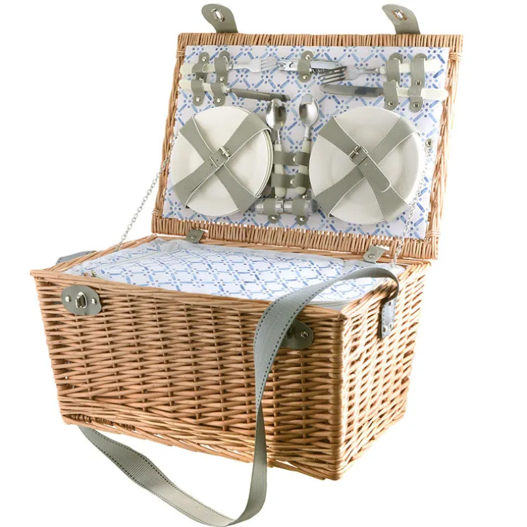 PICNIC BASKET 6p Natural, Light Blue Wash Check Print