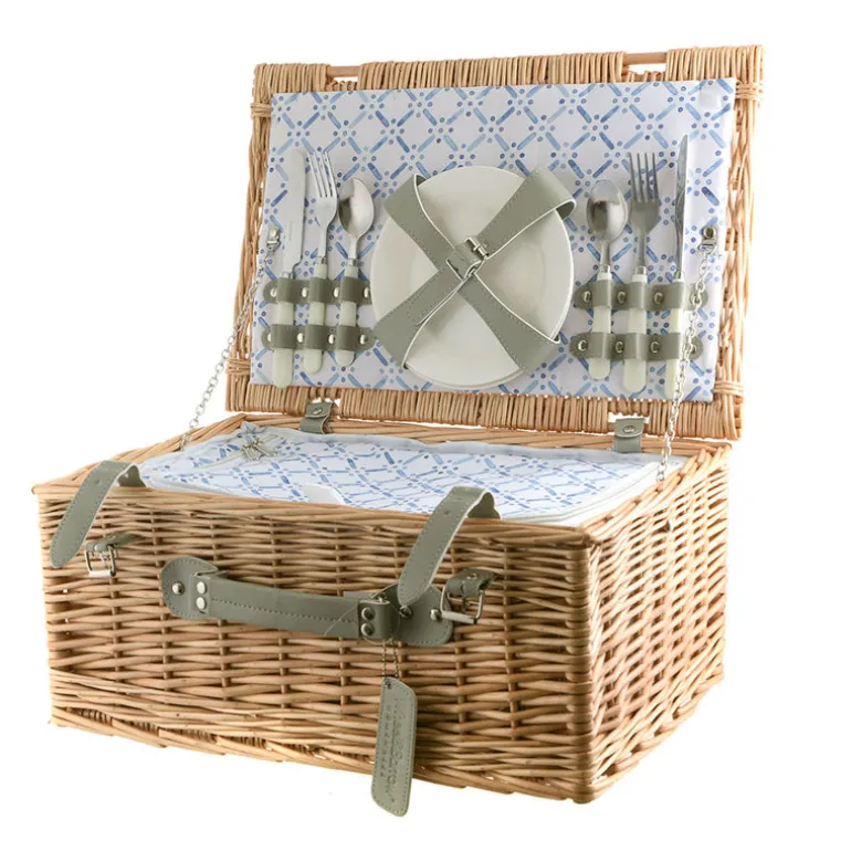 PICNIC BASKET 4p Natural, Light Blue Wash Check Print