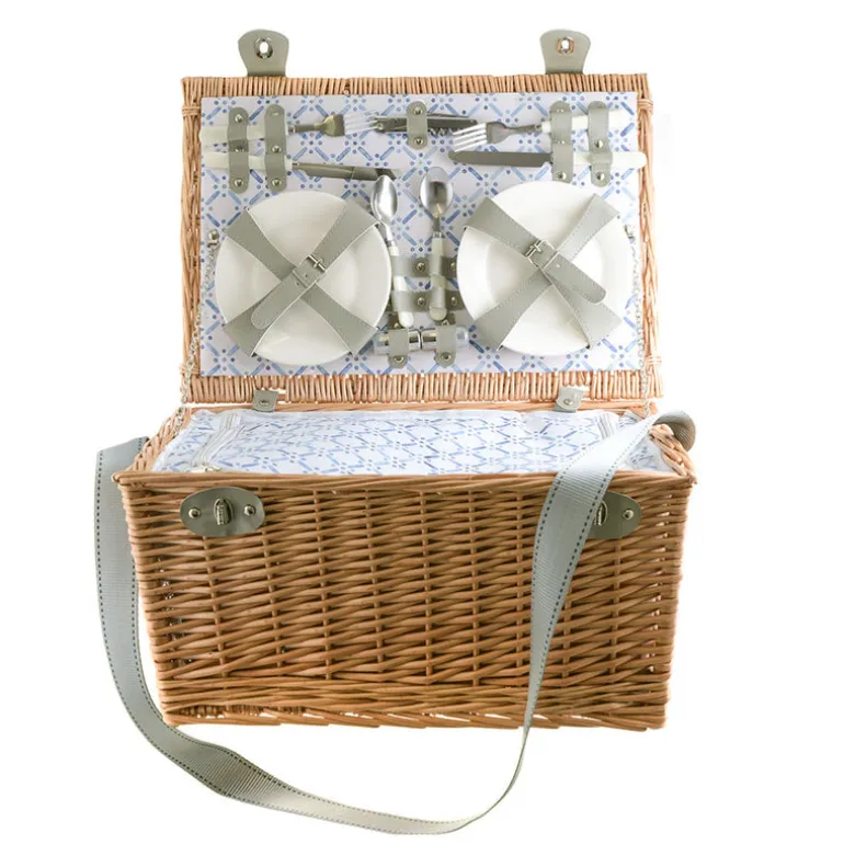 PICNIC BASKET 6p Natural, Light Blue Wash Check Print