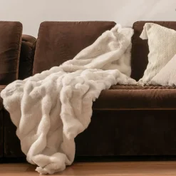 Subtle Rib Faux Rabbit Fur Ivory Throw
