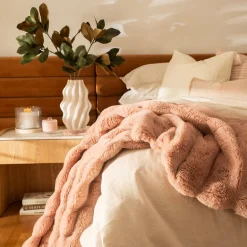 Subtle Rib Faux Rabbit Fur Dusty Rose Throw