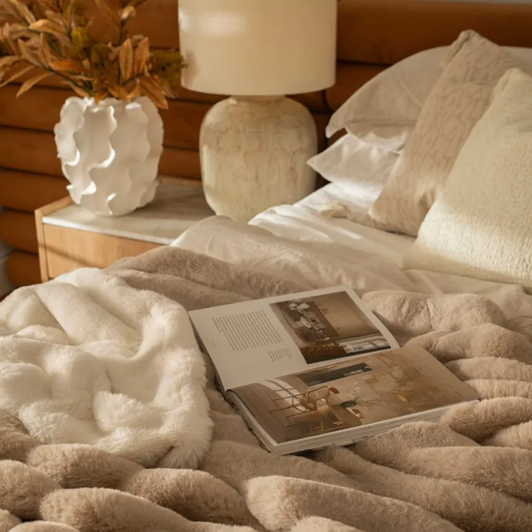 Subtle Rib Faux Rabbit Fur Ivory Throw