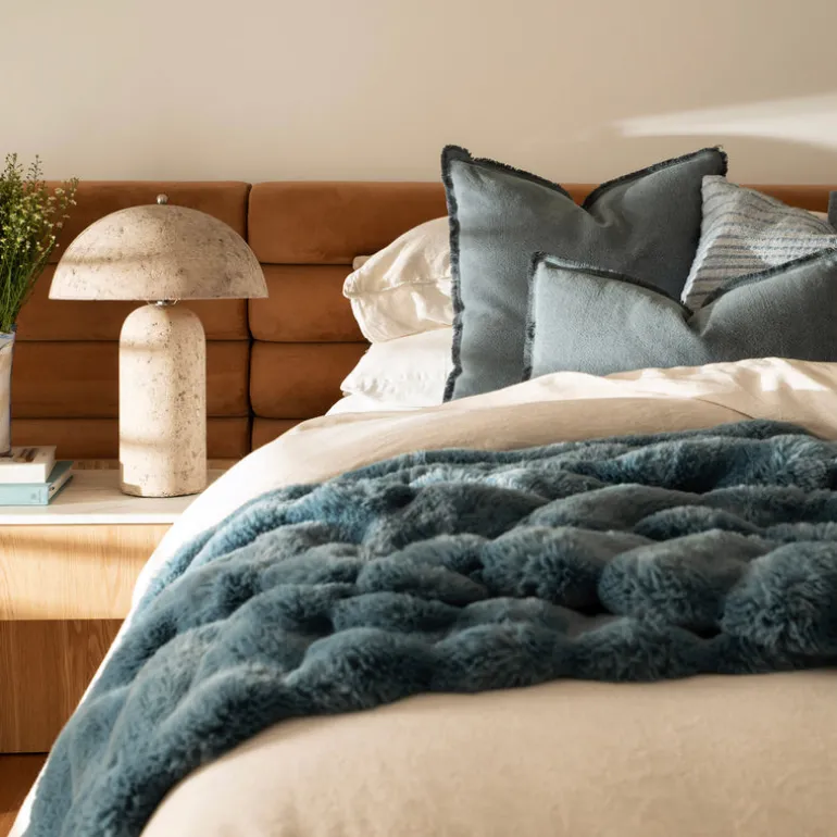 Subtle Rib Faux Rabbit Fur Blue Rain Throw