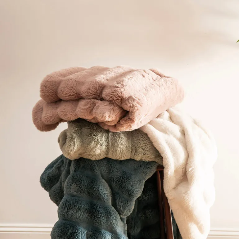 Subtle Rib Faux Rabbit Fur Blue Rain Throw
