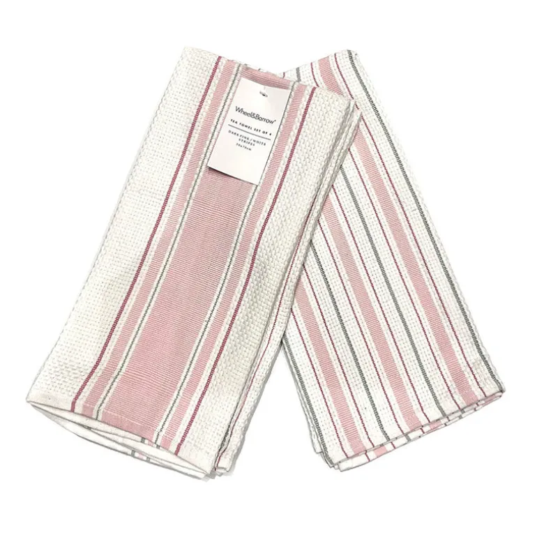 Tea Towel Set/4 Dark Pink & White Stripe