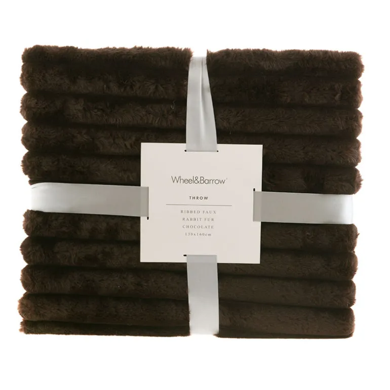 THROW Blanket Ribbed Faux Rabbit Fur Chocolate 130x160cm