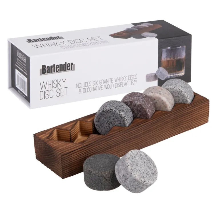 Whisky Discs with Wood Base Set/6