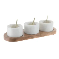 White Marble Condiment Set 3 Pots with Brass Spoons