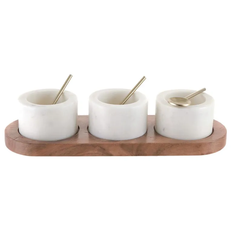 White Marble Condiment Set 3 Pots with Brass Spoons