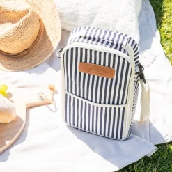 Wine Bag Navy/Cream Stripe with Cream Shoulder Belt